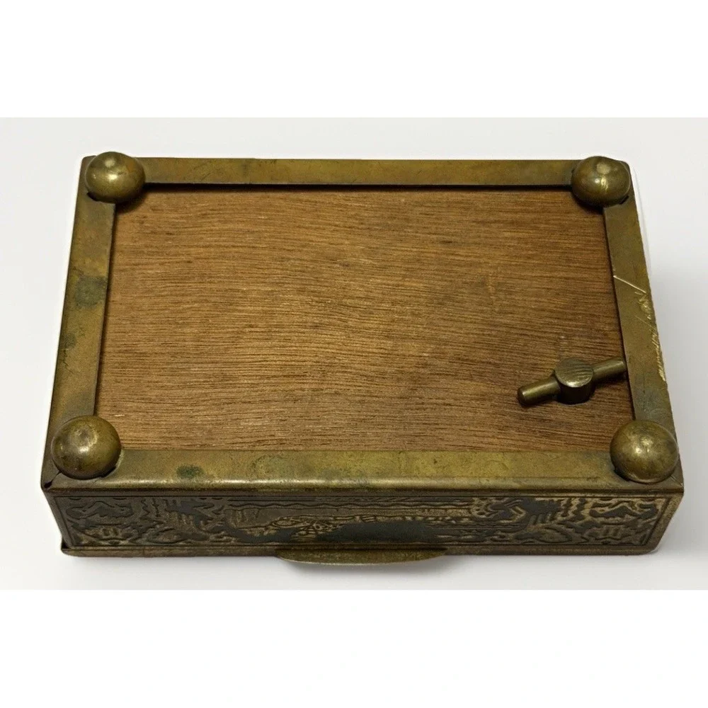 Antique Ornate Embossed Brass Jewelry Box Art Nouveau Trinket Old Music Box VTG